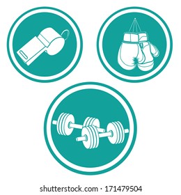 three blue round icon with white silhouettes related to fitness