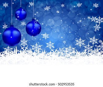 Three blue shiny ball on a beautiful Christmas background. Hang among snowflakes. Christmas tree toy. vector illustration
