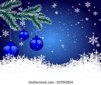 Three blue shiny balls on fir branch Christmas background. Hang among snowflakes. Christmas tree toy. Vector illustration