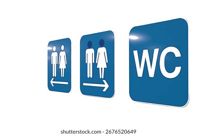 Tres signos azules muestran iconos blancos de figuras masculinas y femeninas, con flechas direccionales y el texto WC, que indica las instalaciones del baño.