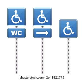 Three blue signs stand side-by-side on posts. Each sign guides viewers. The left shows handicap access and bathroom direction. The middle shows handicap access with an arrow. The right shows access.