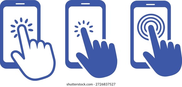 Drei blaue Smartphone mit Finger Touch Gesten klicken