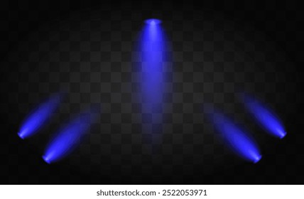Três raios de luz de spot macio azul em um fundo transparente. Luzes quentes brilhantes, perfeitas para conceitos de design de palco, teatro ou iluminação de spot em apresentações ou mídia visual.