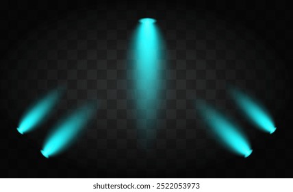 Three blue soft spotlight beams on a transparent background. Glowing warm lights perfect for stage, theater, or spotlighting design concepts in presentations or visual media.