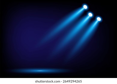 Três luzes de spot azuis separadas da direita com sombras em um plano de fundo preto, Adequado para uso no palco ou clip-art, ilustração vetorial