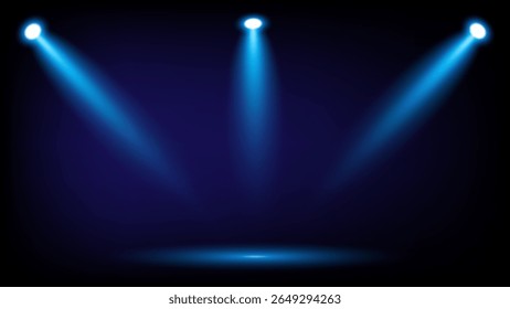 Three blue spotlights separated from top, left and right with shadows on black background, Suitable for use on stage or clip art, vector illustration