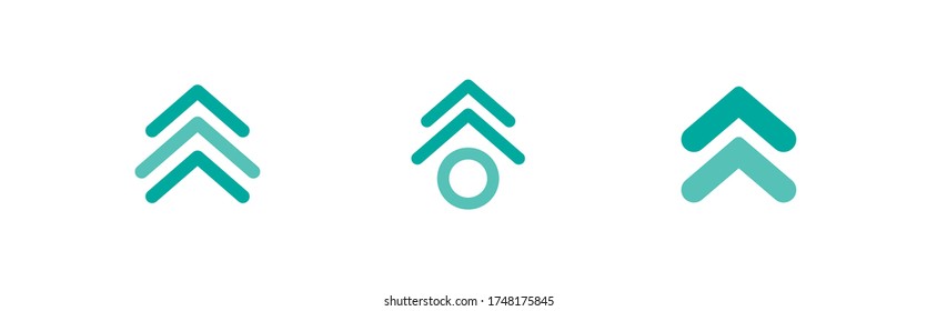 three blue squared arrows up icon. swipe up buttons set.  Isolated on white. Upload icon.  Upgrade, speed up sign. North pointing arrow.