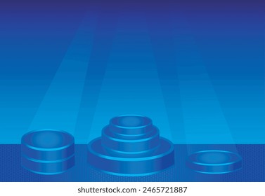 Diseño de tres etapas azules para escaparate de productos y negocios con luces de foco.