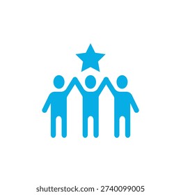 Three blue stick figures with star teamwork collaboration