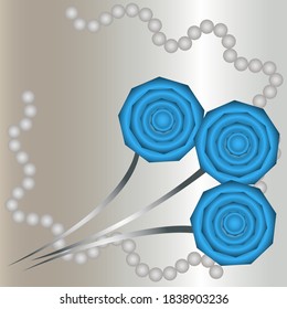 
Three blue vector flowers on a silver background decorated with beads.