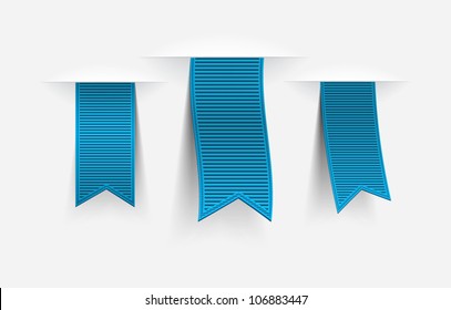 Three blue vector ribbon tags with shadows