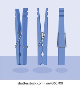 Three Blue Vector wooden cloth pegs pin clothespin on light background  