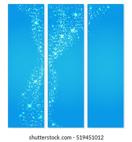 Three blue vertical banners with mystical glowing particles and stars. Light effect stars. Shining glitter particles allocated on neutral background. Vector illustration.