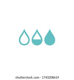 Tres caídas azules de agua, goteo o gotita. Refrigeración o absorción de pictograma. Nivel de absorción. Lluvia, icono de la gota de lluvia Aislado en blanco. icono de lavado. Ilustración vectorial. Señal de agua, rocío, salpicadura.