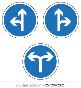 Three blue and white mandatory direction signs isolated on white background, indicating direction straight or left.