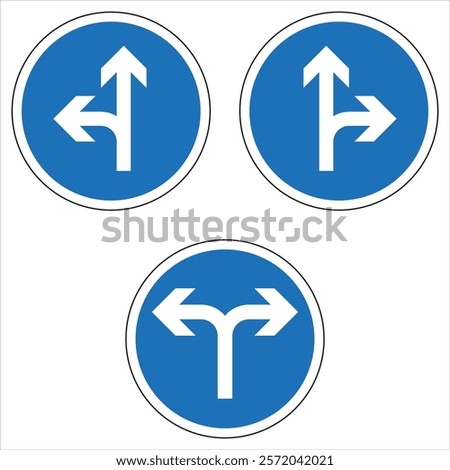 Three blue and white mandatory direction signs isolated on white background, indicating direction straight or left.