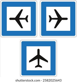 Three blue and white road signs indicating airport, with airplanes taking off and landing.