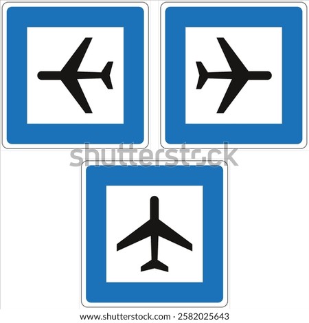 Three blue and white road signs indicating airport, with airplanes taking off and landing.