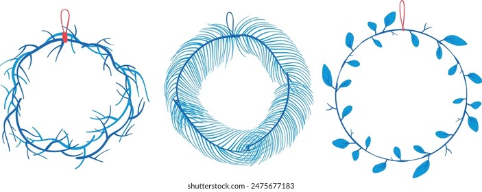 Tres coronas azules hechas de ramas, hojas de palma, hojas de vid representadas, adornado con bucle rojo colgando. Estilo minimalista, dibujado digitalmente, fondo blanco aislado, decoración de la corona de Navidades