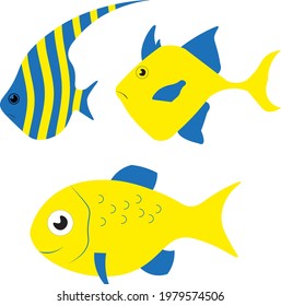 three blue and yellow funny fishes 