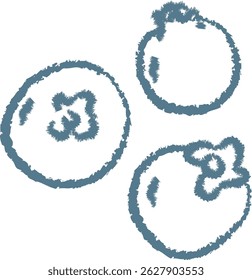 Three blueberries drawn with a rough, sketchy outline. The berries are depicted with textured edges and simple details. Cartoon vector illustration.