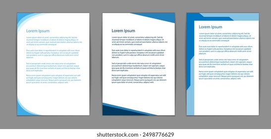 Three blue-themed document templates featuring Lorem Ipsum text. Modern and clean design on a gray background. Concept of document design templates, mockup a4