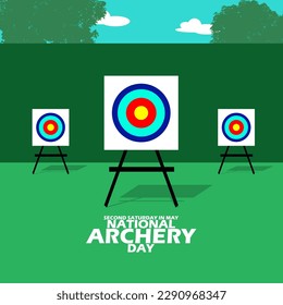 Three board targets for archers in field with bold text to commemorate National Archery Day on Second Saturday In May