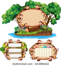 Three board template with happy monkeys in background illustration