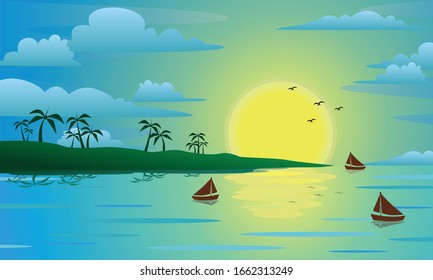 Three boat on the beach at sunrise or sunset. landscape in nature style