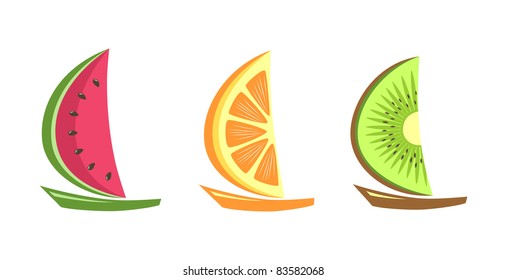 Three boats with fruit-like sails floating. Abstract illustration