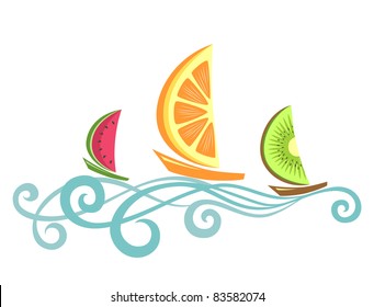 Three boats with fruit-like sails floating on the waves. Abstract illustration