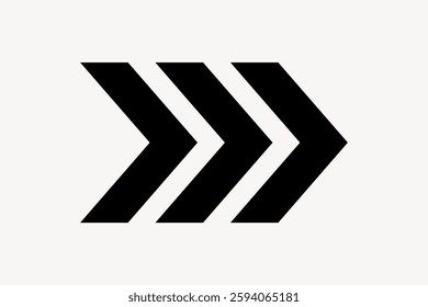 Three bold black arrows pointing right, creating a sense of movement and direction. Arrows emphasize forward motion and progress, ideal for dynamic designs. Isolated vector element.