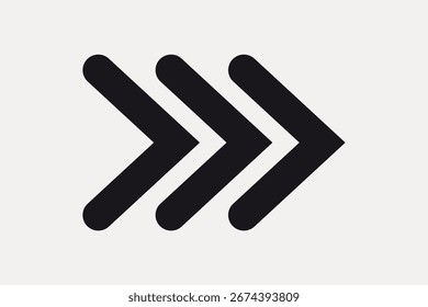Drei fette schwarze Pfeile, die nach rechts auf einfarbigem weißem Hintergrund zeigen. Pfeile in Bewegung, schwarze Pfeile, Richtungspfeile. Einfaches und modernes Pfeildesign. Design-Element-Vektor.