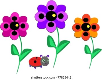 Three Bold Flowers and Ladybug