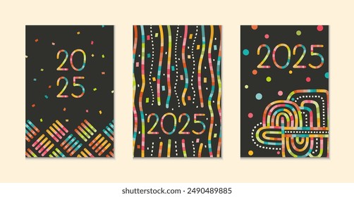 Three bold, graphic designs in vector, for 2025 New Year cards or posters. Dark backgrounds with colorful vivid artistic abstract geometric patterns and the year 2025 prominently displayed.