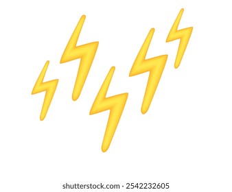 Three bold lightning bolts in yellow, symbolizing power or stormy weather. Great for energy themes, weather apps, or dynamic visuals. Vector illustration isolated on white background.