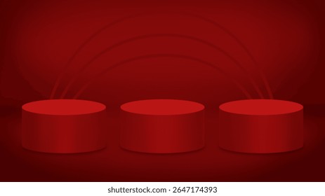 Tres podios cilíndricos rojos llamativos se destacan sobre un fondo rojo oscuro, creando una exhibición de lujo para mostrar sus diseños.