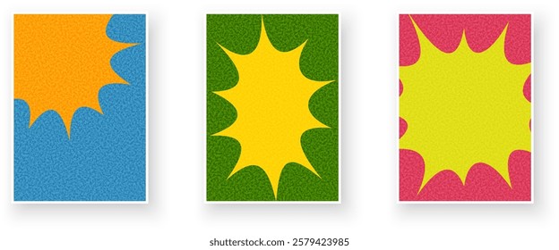 Three bold starburst designs in orange, yellow, green, pink, and blue with vibrant textured backgrounds. Vector illustration.