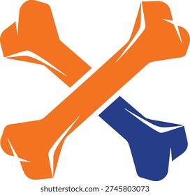 Three bones crossed over each other one blue and two orange on transparent background