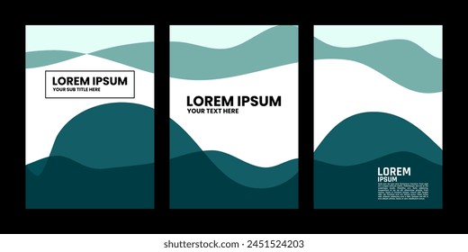 Tres diseños de portada de libro con gráficos de ondas en verde azulado y blanco