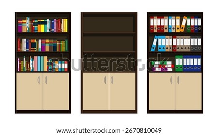 Three bookcases illustration isolated on white background with concepts of full, empty, and organized shelves for office or home.