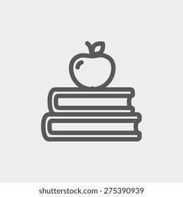 Three books with apple on the top icon thin line for web and mobile, modern minimalistic flat design. Vector dark grey icon on light grey background.