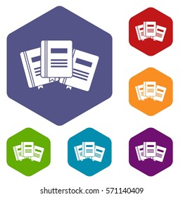 Three books with bookmarks icons set rhombus in different colors isolated on white background