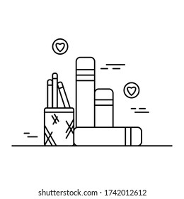 three books eraser pencil and pencil case outline design