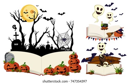 Three books with halloween scenes illustration