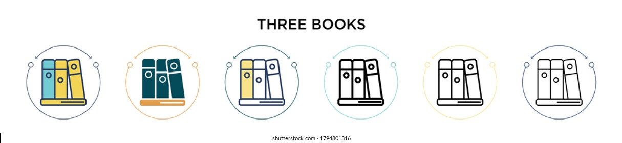 Icono de tres libros en estilo relleno, delgado, contorno y trazo. Ilustración vectorial de dos libros coloreados y negros tres diseños de iconos vectoriales se pueden usar para móviles, ui, web