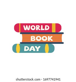 Three books lie on top of each other. Stack. Inscription World Book Day. Bright colorful illustration. Reading, studying, science vector