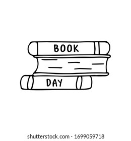 Tres libros están uno encima del otro. Piel. Día del Libro de Inscripción. Ilustración en blanco y negro. Leer, estudiar, ciencia. Vector estilo Doodle