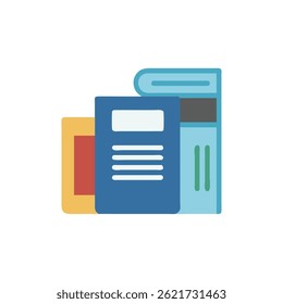 Three books in minimalist flat design stacked on White. Illustration with simplified shapes and primary colors evoking learning.