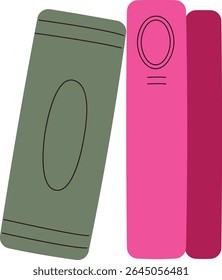 Three books with oval labels are stacked in a simple style. The volumes are arranged vertically with distinct outlines. Cartoon vector illustration.